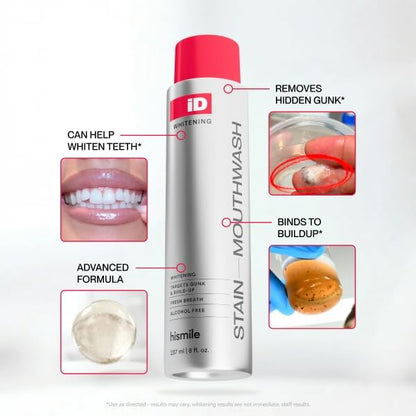 Hismile iD Stain Whitening Mouthwash, Gunk Removing Mouthwash for Fresh Breath, Hydrogen Peroxide Mouthwash to Promote Whiter Teeth, Peroxide Rinse with Essential Oils 237ml