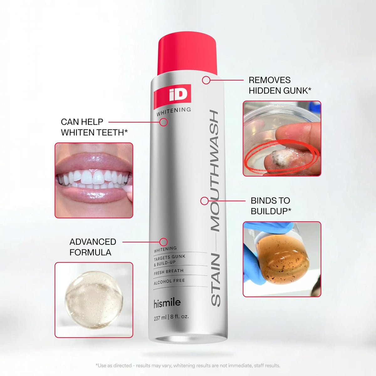 Hismile iD Stain Whitening Mouthwash, Gunk Removing Mouthwash for Fresh Breath, Hydrogen Peroxide Mouthwash to Promote Whiter Teeth, Peroxide Rinse with Essential Oils 237ml